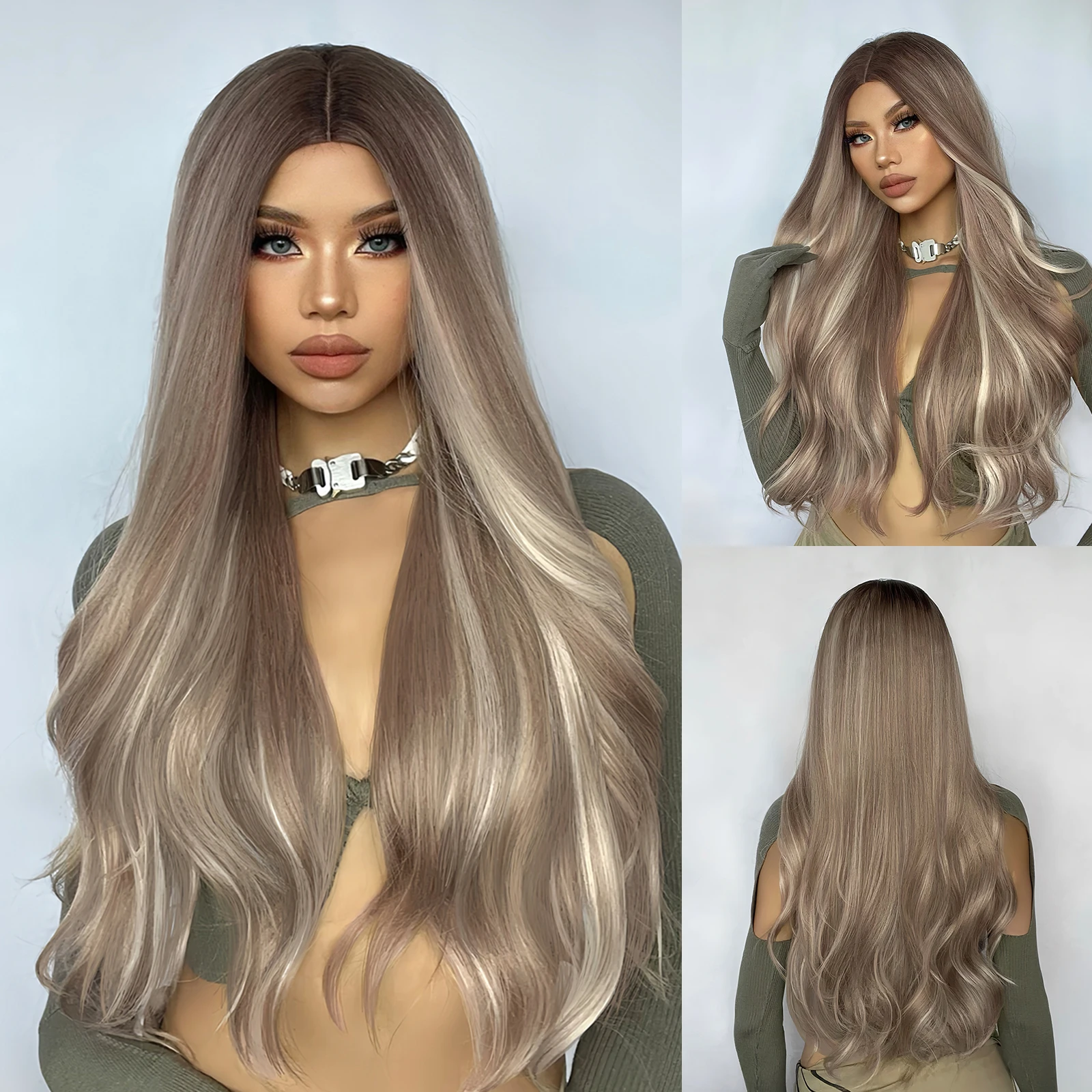 

HAIRCUBE White Gold Brown Synthetic Wigs Long Wavy Natural Hair Wigs for Women Middle Party Cosplay Daily Heat Resistant Wigs