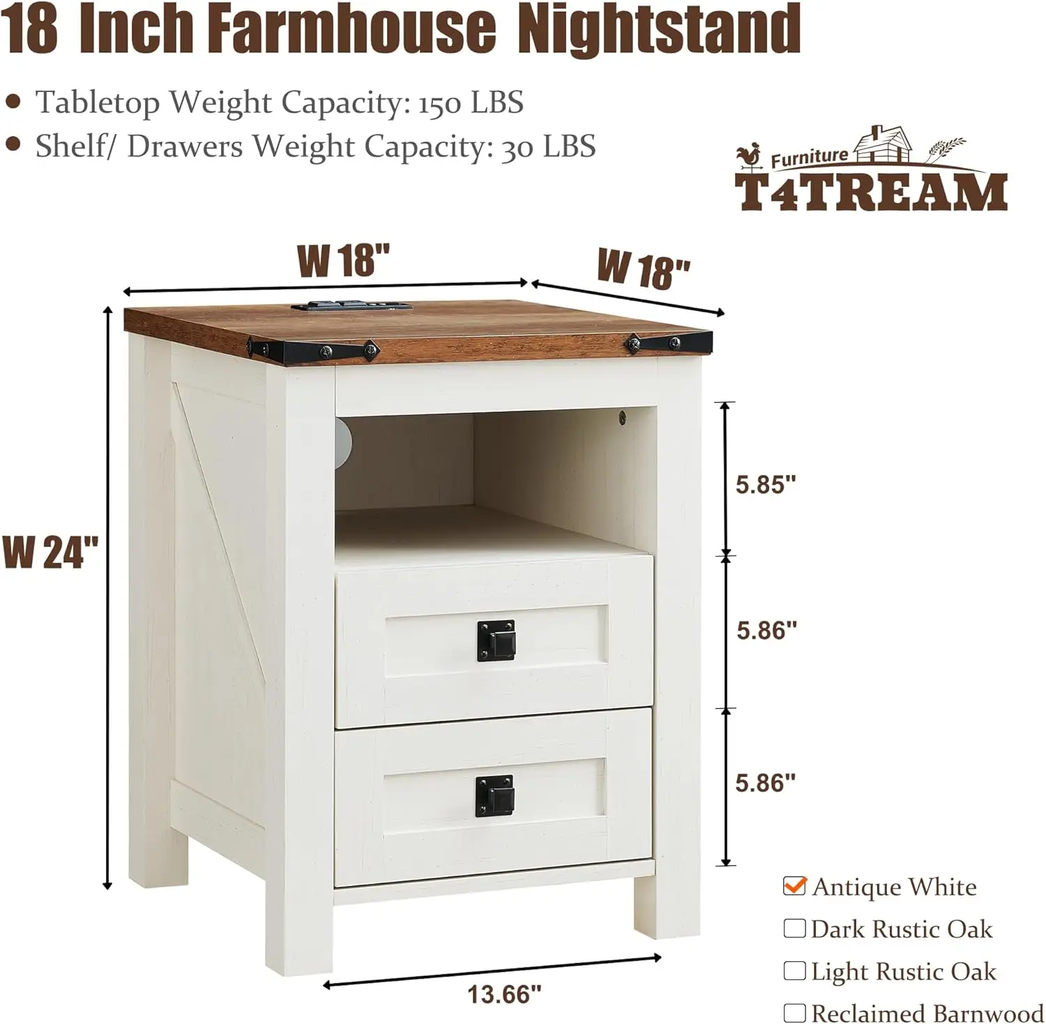 Nightstand with Charging Station, End Table, Side Table with 2 Drawers Storage Cabinet for Bedroom, Living Room, Farmhou