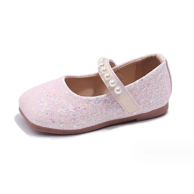 

2024 Spring New Square head Girls Soft Sole Leather Shoes Sequins pearl Dress Princess Shoes Kids Mary Jane Shoes Zapatos Niña