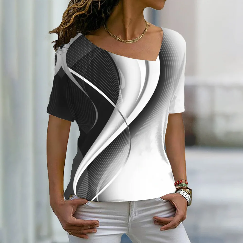 

Women's Fashion Sexy Hot Summer T-shirt Casual Chic Hip Hop Tops Pullover Oblique Neck Short Sleeve Top Y2K Ladies Soft Clothes