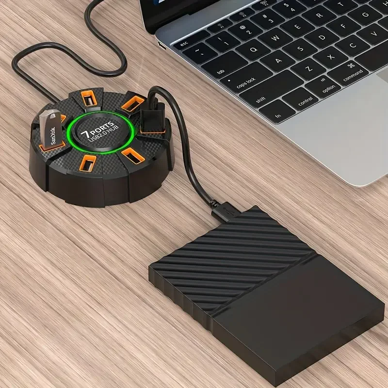 1.2m 7-Port/10-Port USB Hub with Colorful Light Type-C Port for Laptops, Keyboards, Mice, U Disk & Hard Drive Expansion USB Hub