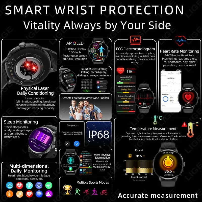 LIGE New Nursing Grade Smart Watch ECG+PPG Body Temperature Blood Lipid Uric Acid Blood Oxygen Bluetooth Call Health Smartwatch