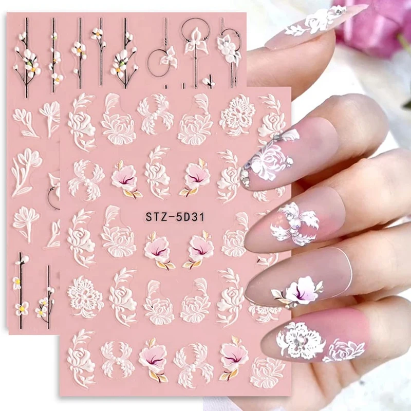 5D Embossed Flower Nail Art Stickers 4 Sheets Self-Adhesive Decals Floral Design Nail Decoration For Women Girls Durable