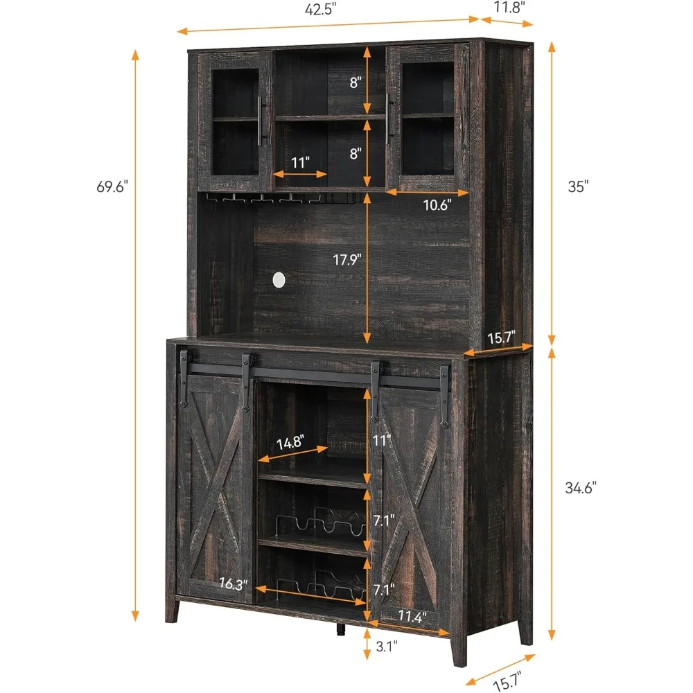 Farmhouse Coffee Bar Cabinet with Sliding Barn Door, 70" Tall Buffet Cabinet with Storage Shelves, Liquor Wine