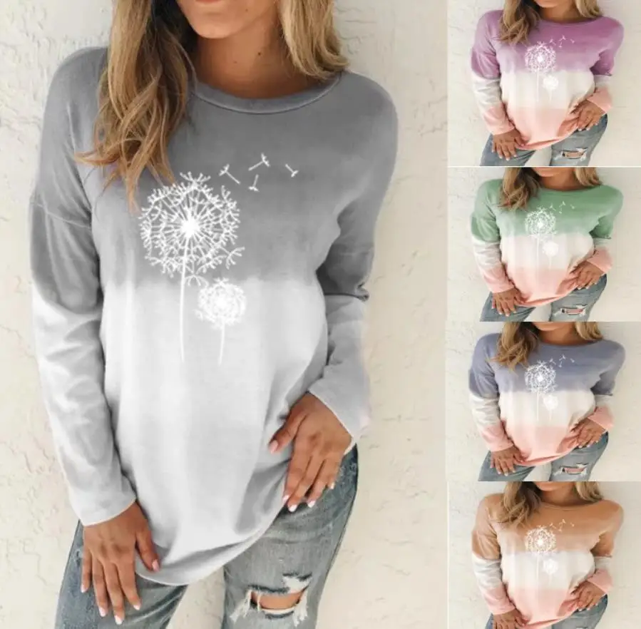 

Women 2022 Autumn New Gradual Change Dandelion Hot Stamping Women's Round Neck Long Sleeve Loose T-shirt