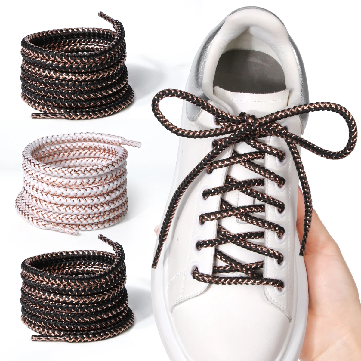 Neue Runde Glitzer-Schnürsenkel, Gold & Silber Glitzerfaden, Schwarz Weiß Gold für Weiße Sneaker & Sportschuhe - 1 Paar – Detail 1