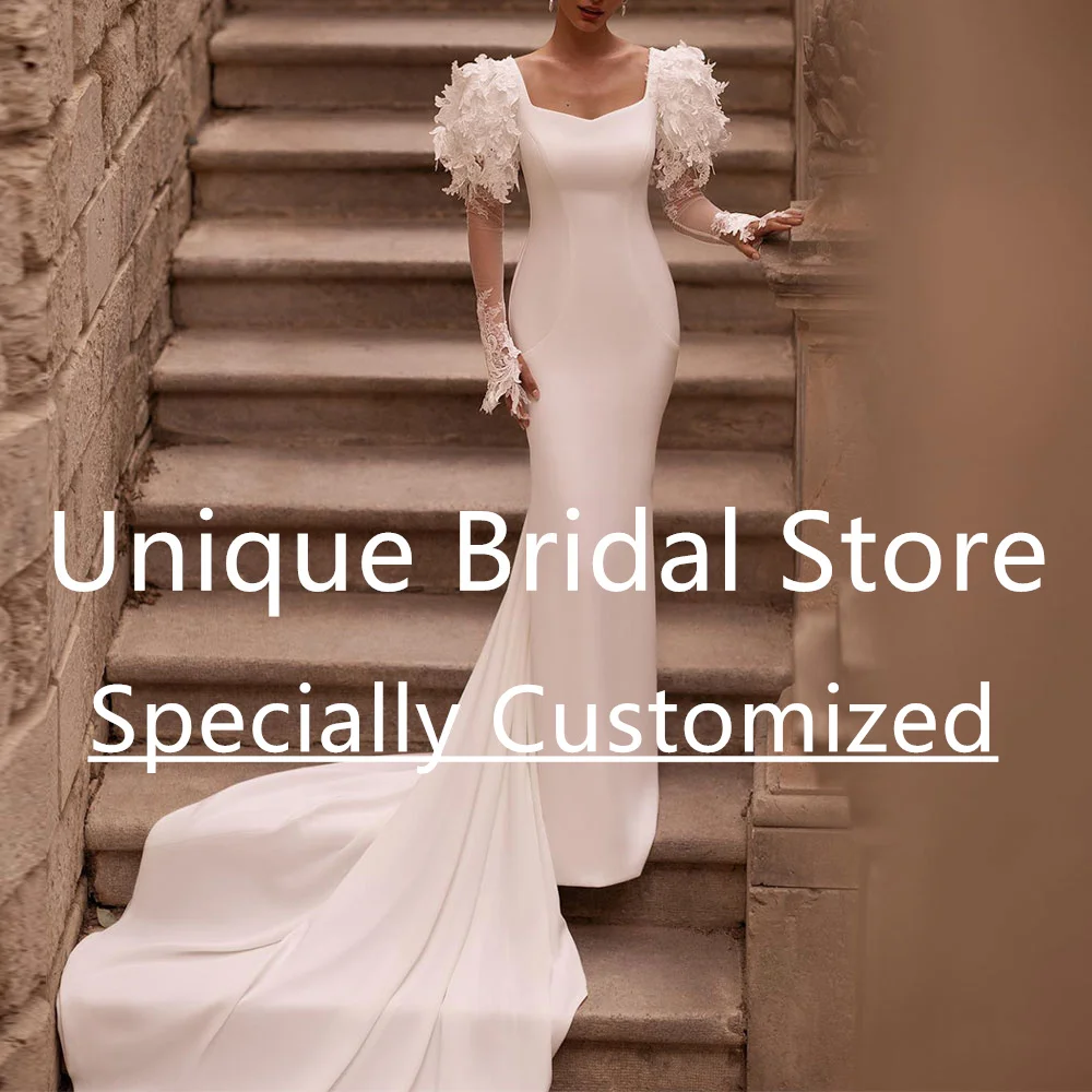 

Elegant Jersey Wedding Dress Mermaid Long Sleeve Applique Square Neck Backless Court Train Vestido De Noiva Simples e Romântico