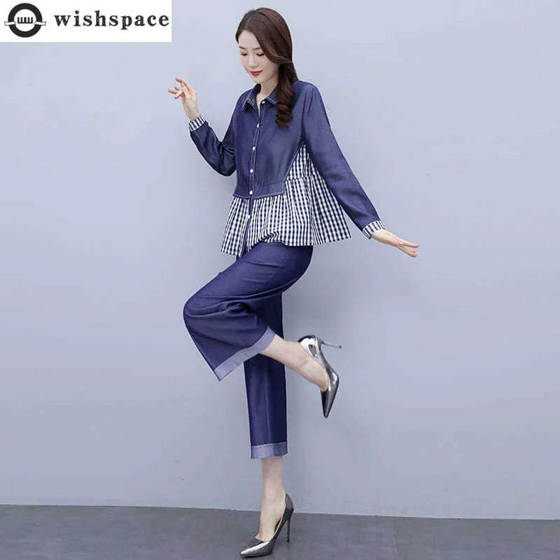 Korean Popular Check Imitation Denim Chiffon Shirt Top Casual Wide Leg Trousers Two-piece Elegant Women's Pants Set Tracksuit harajuku girl cow print black and white check overalls overalls casual street hip hop trousers baggy pants female fun suspenders