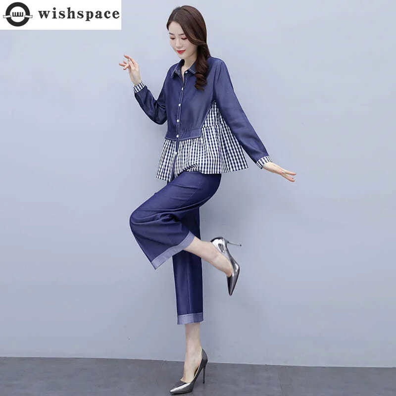 Korean Popular Check Imitation Denim Chiffon Shirt Top Casual Wide Leg Trousers Two-piece Elegant Women's Pants Set Tracksuit korean popular check imitation denim chiffon shirt top casual wide leg trousers two piece elegant women s pants set tracksuit