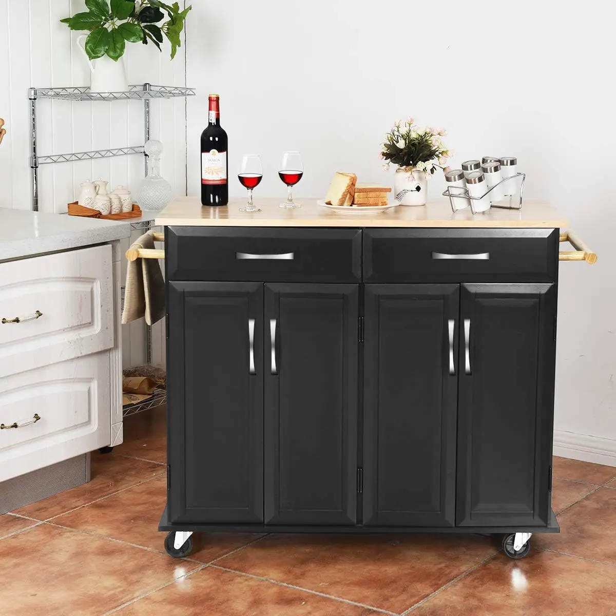 Kitchen Island Cart, Rolling Trolley Cart Utility Cabinet w/Rubber Wood Top, Large Storage Easy-Clean with Smooth Lockable Wheel