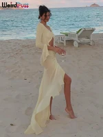 Weird Puss Sexy Sheer Women Dress Elegant Hollow V-Neck Splits Long Sleeves Ruffles Lace Ruched Bodycon Beach Vacation Clubwear - Image 3