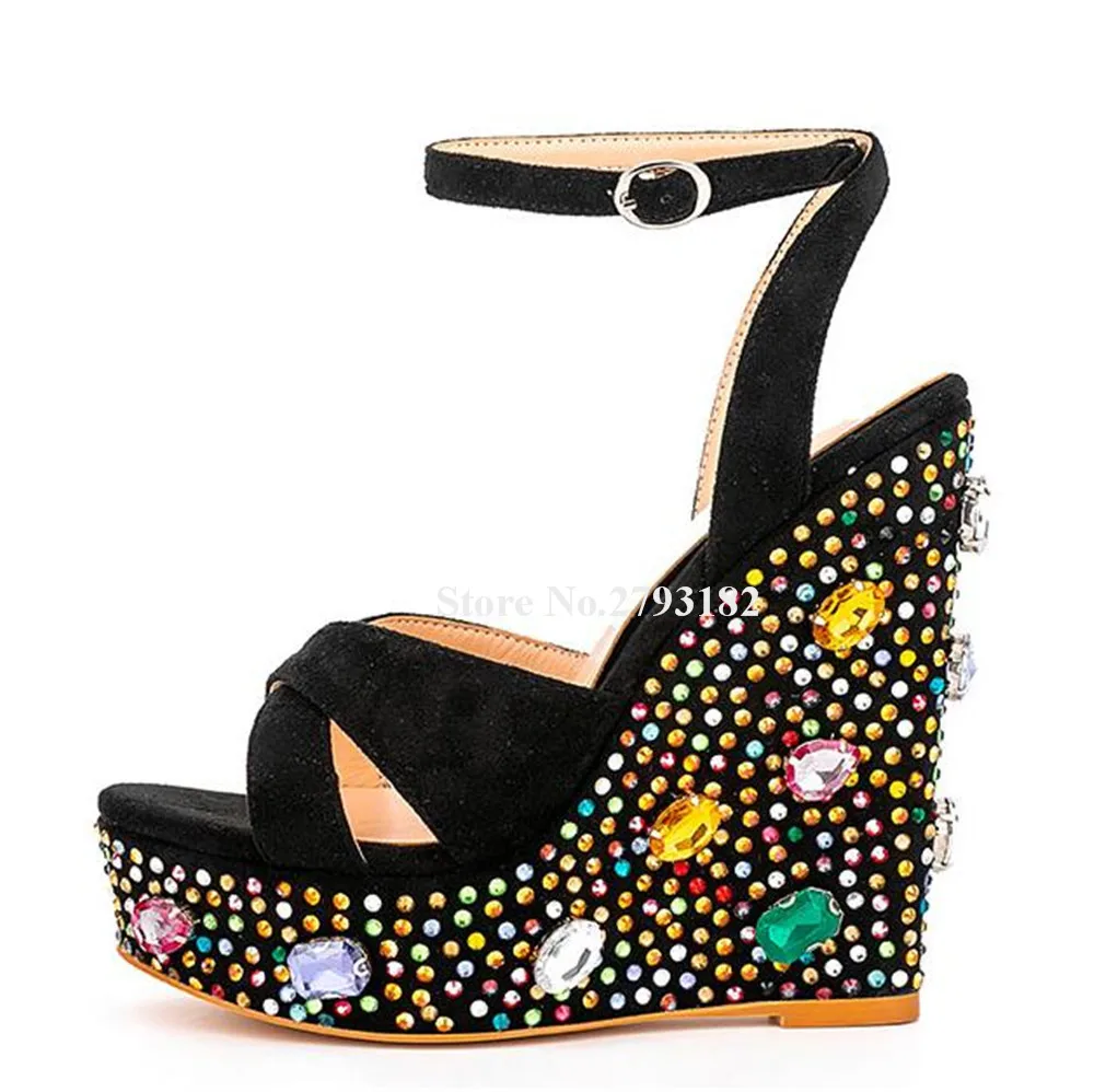 

Colorful Diamonds Decorated High Platform Wedge Sandals Bling Bling Mixed-colors Crystals Ankle Straps Wedges Party Wedding Heel