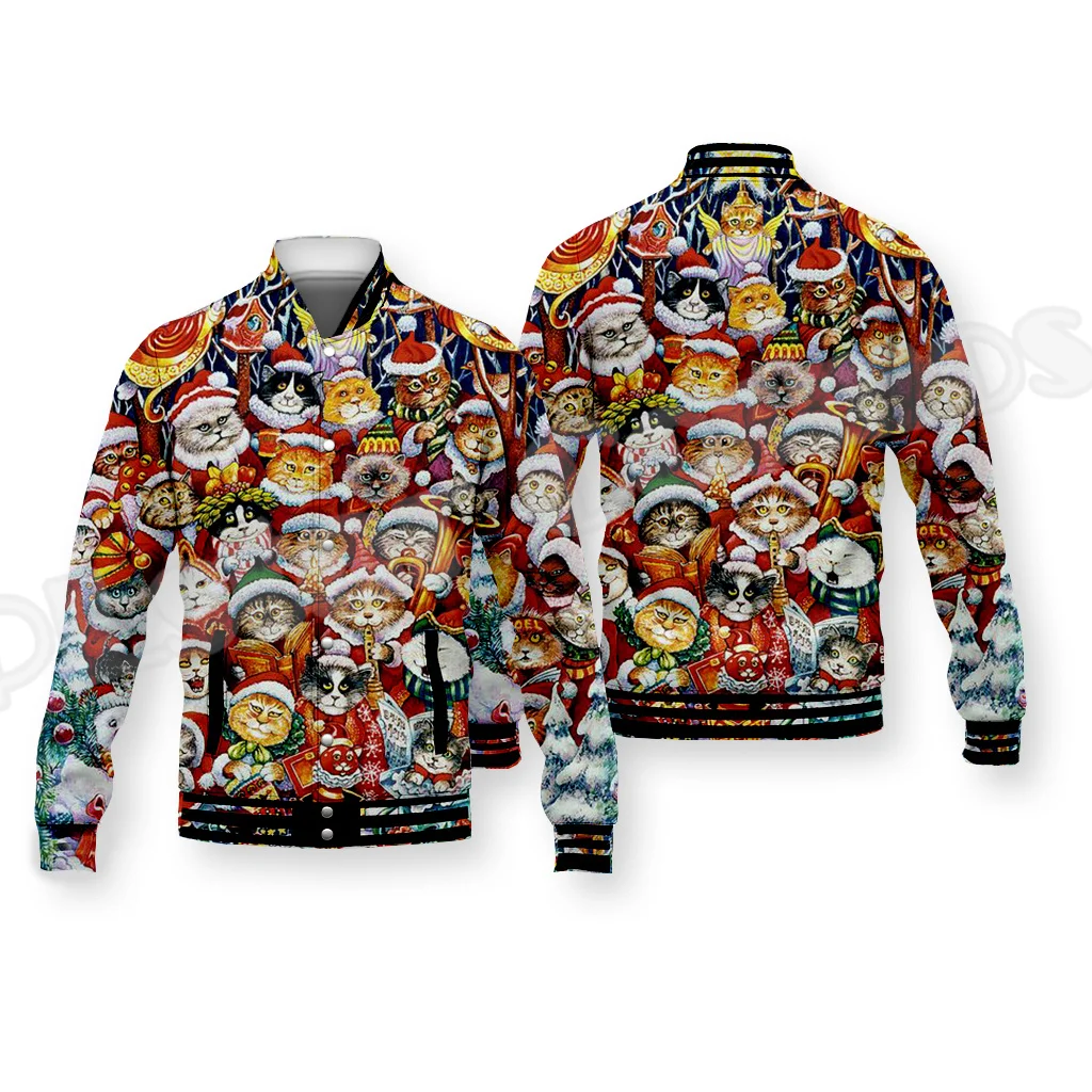 Christmas Xmas Santa Claus Animal Colorful Pattern Harajuku Streetwear Autumn Winter Casual Funny Botton Coat Baseball Jacket N2