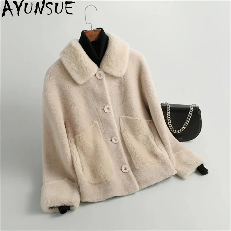 

Short AYUNSUE Sheep Shearing Jacket 2024 Autumn Winter 100% Wool Coats for Women 2024 Single-breasted Jackets Chaquetas