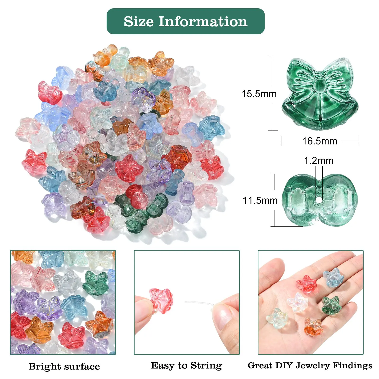 100Pcs Random Color Bell with Bowknot Glass Beads Colorful Bow Beads Christmas Bell Beads for Xmas Jewelry Making Supplies