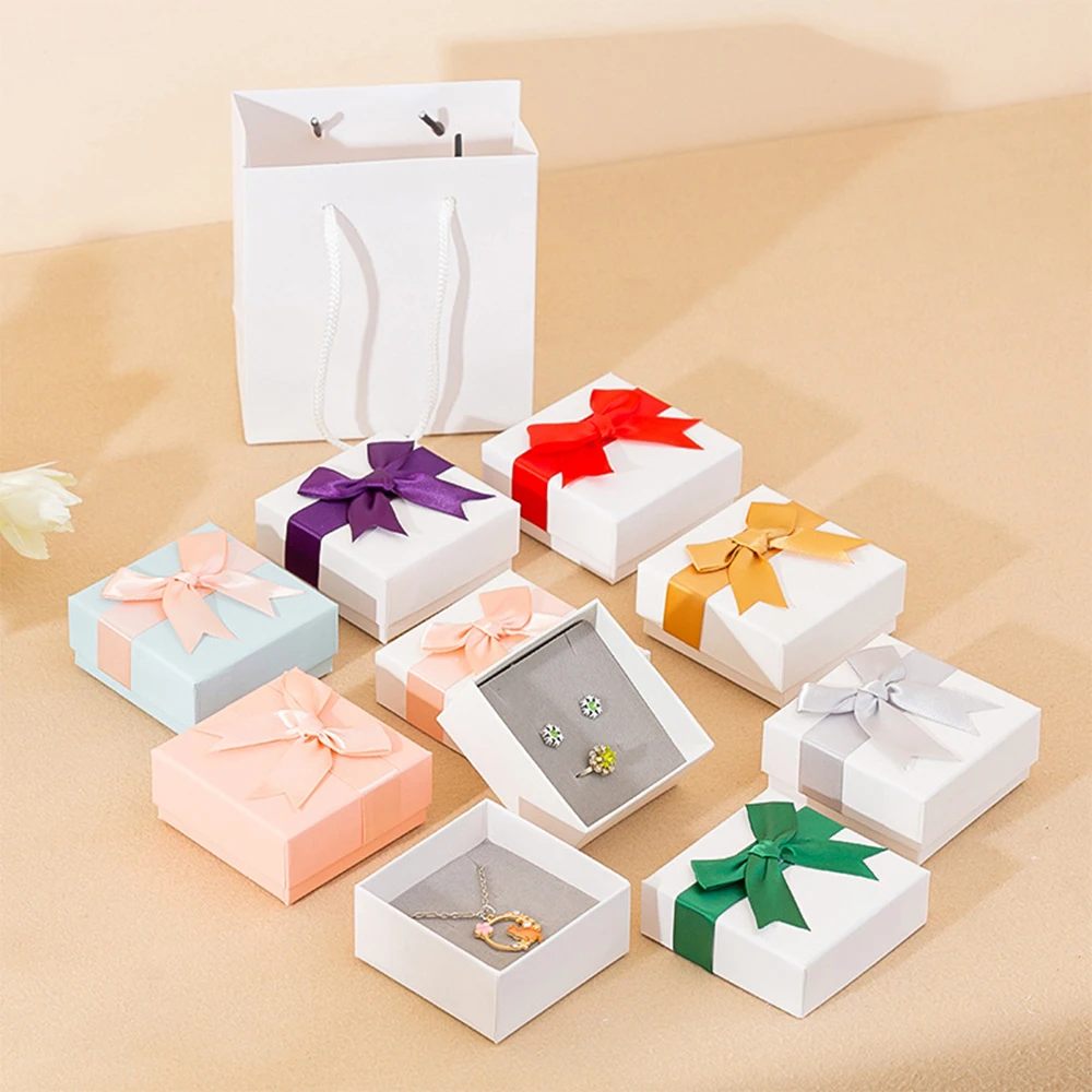 20Pcs White Jewelry Box with Bow DIY Necklaces Rings Earrings Bracelet Case Grey Sponge Weddings Valentine'day Gift For Girl