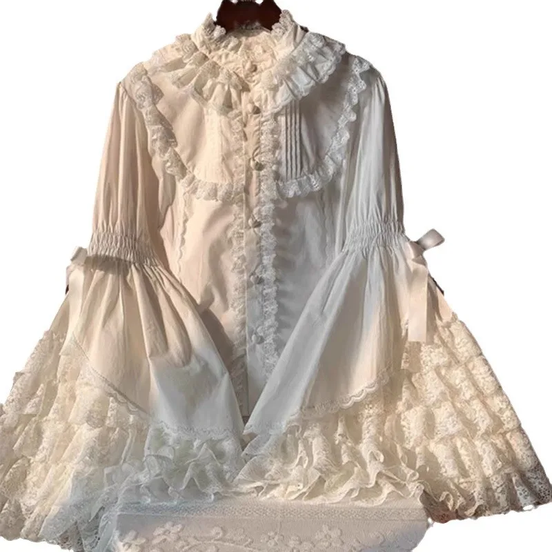 Japanese Sweet Cute Lolita Flare Sleeve Bow French Vintage Shirts Women Y2k Lace Patchwork Blouse Kawaii Girl Blusas Mujer Tops
