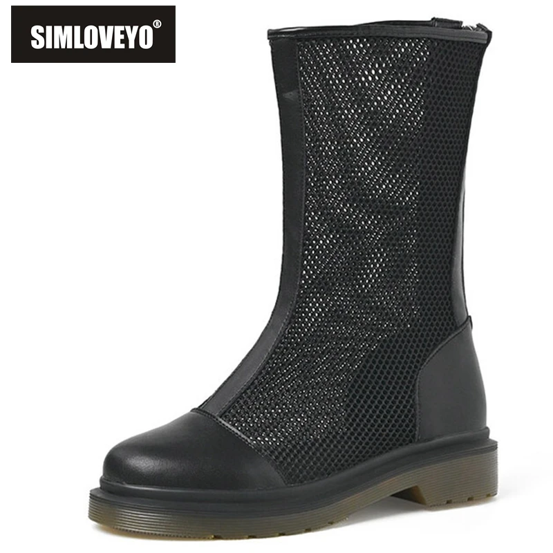 SIMLOVEYO Summer Mid Calf Lady Boots Round Toe Thick Heel Breathable