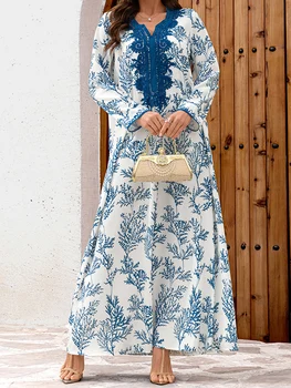 Elegant Floral Print Abaya Dress with Long Sleeves and Flowy Robe for Women Perfect for Prayer and Dubai Jilbab Style