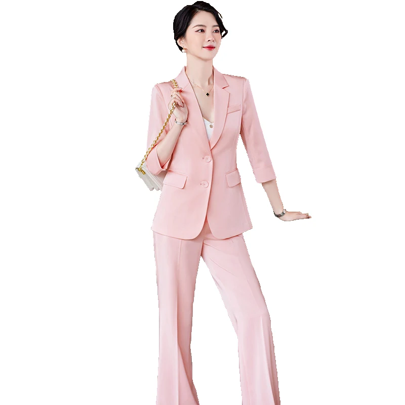 Pink Women Pants Set Half Sleeve Blazers Suits with Trousers Skirts Summer Office Lady Business Work Wear Blazers 2 Piece Set