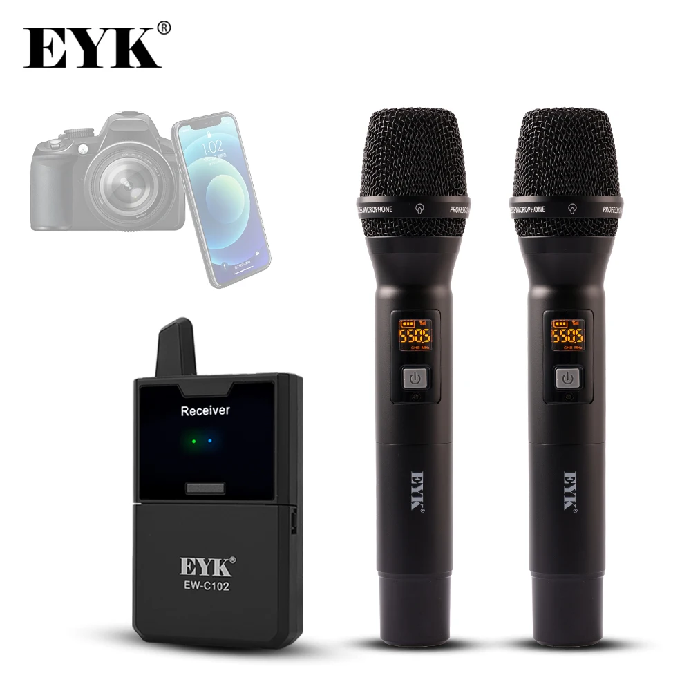 EYK EW-C102 듀얼 채널 UHF 무선 핸드헬드 마이크, 카메라 DSLR 휴대폰 라이브 인터뷰 녹화용, 모니터 기능 포..