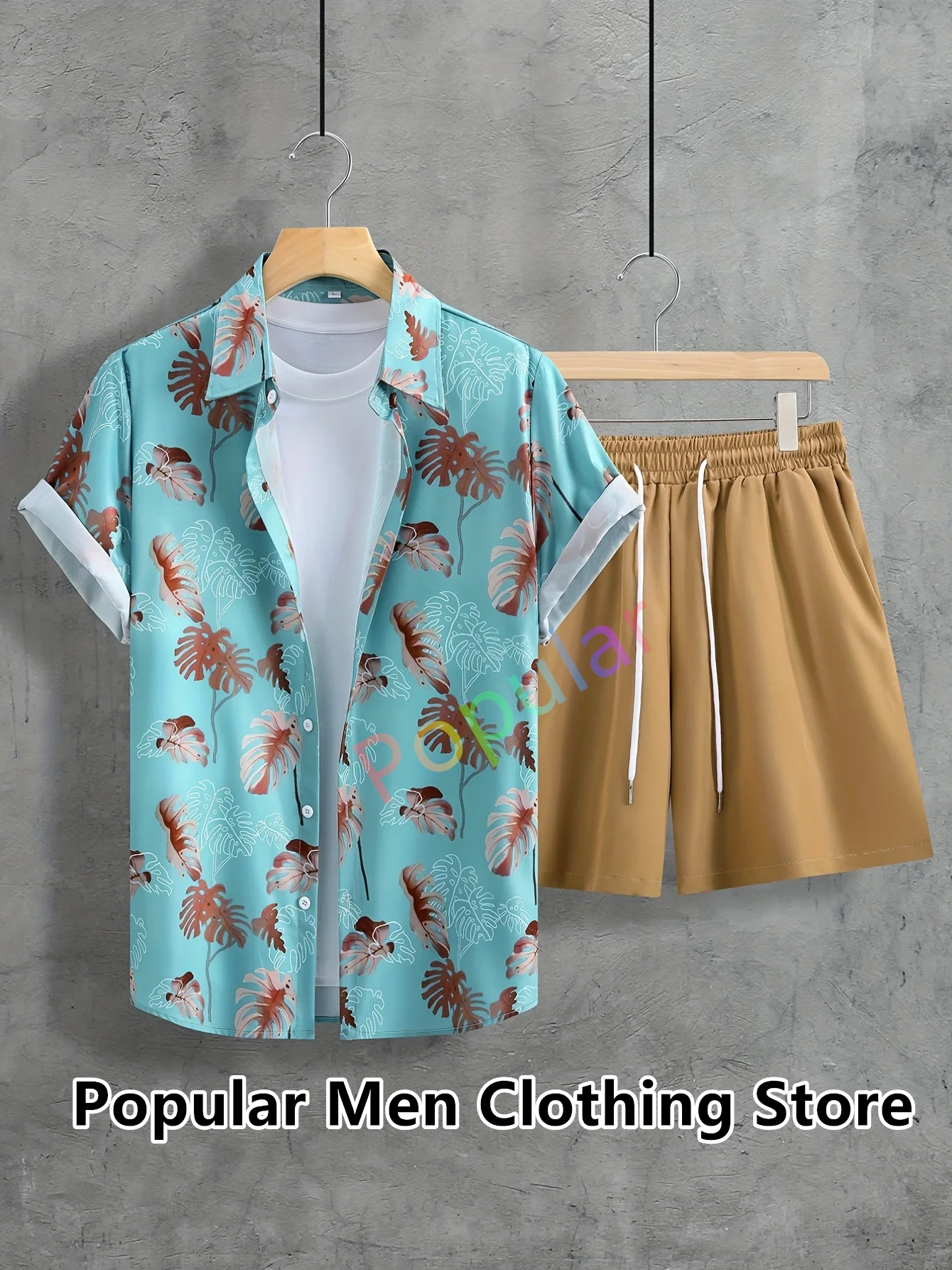 

Summer Men's Hawaiian Suit Short Sleeve Leaf Print Button Up Shirt Beach Shorts Street Casual Vacation Men's Suit 2 Pieces