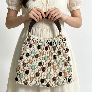 Borsa a mano da donna retrò intrecciata a mano con perline, di lusso, elegante, alla moda europea e americana, borsa da spiaggia da donna