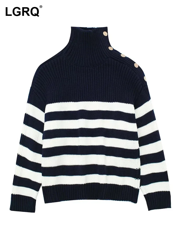 LGRQ-Turtleneck-2024-Trendy-Knitted-Color-Contrast-Stripe-Design-Tops ...