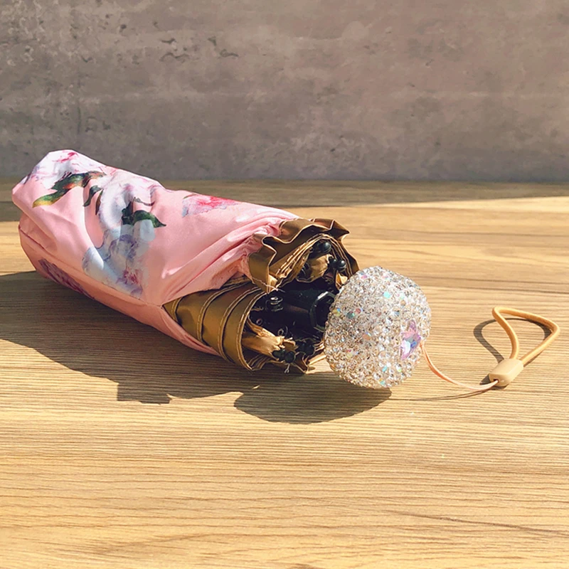 

Folding Lightweight Pink Peony Umbrella Sunny and Rain Rhinestones Sun UV Protection Portable Small 5 Folding Parasol for Women