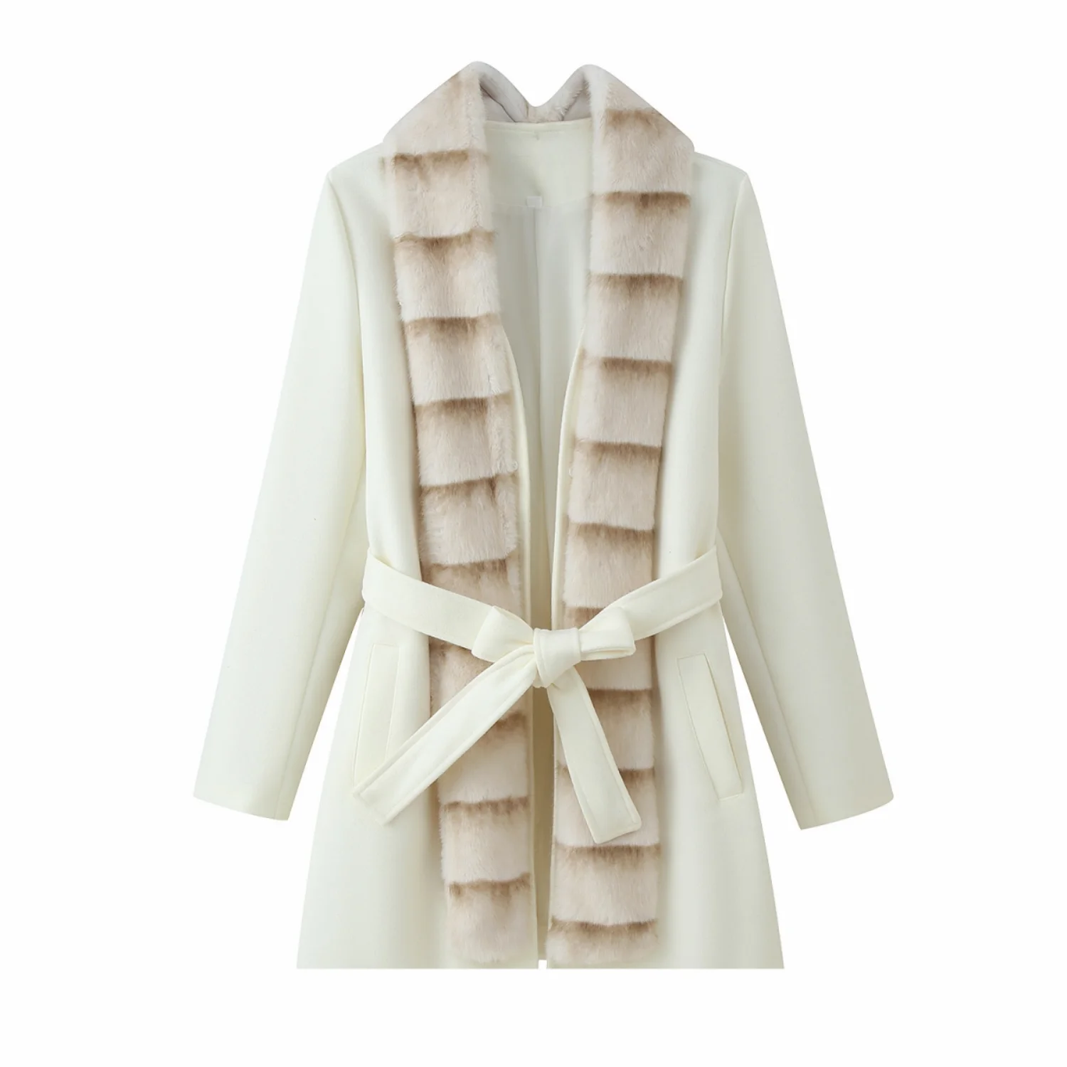 Women Elegant Faux Fur Lace Up Overcoat Female Full Sleeve With Belted Lapel Woolen Coat Lady Jacket Autumn Winter Warm Outwear