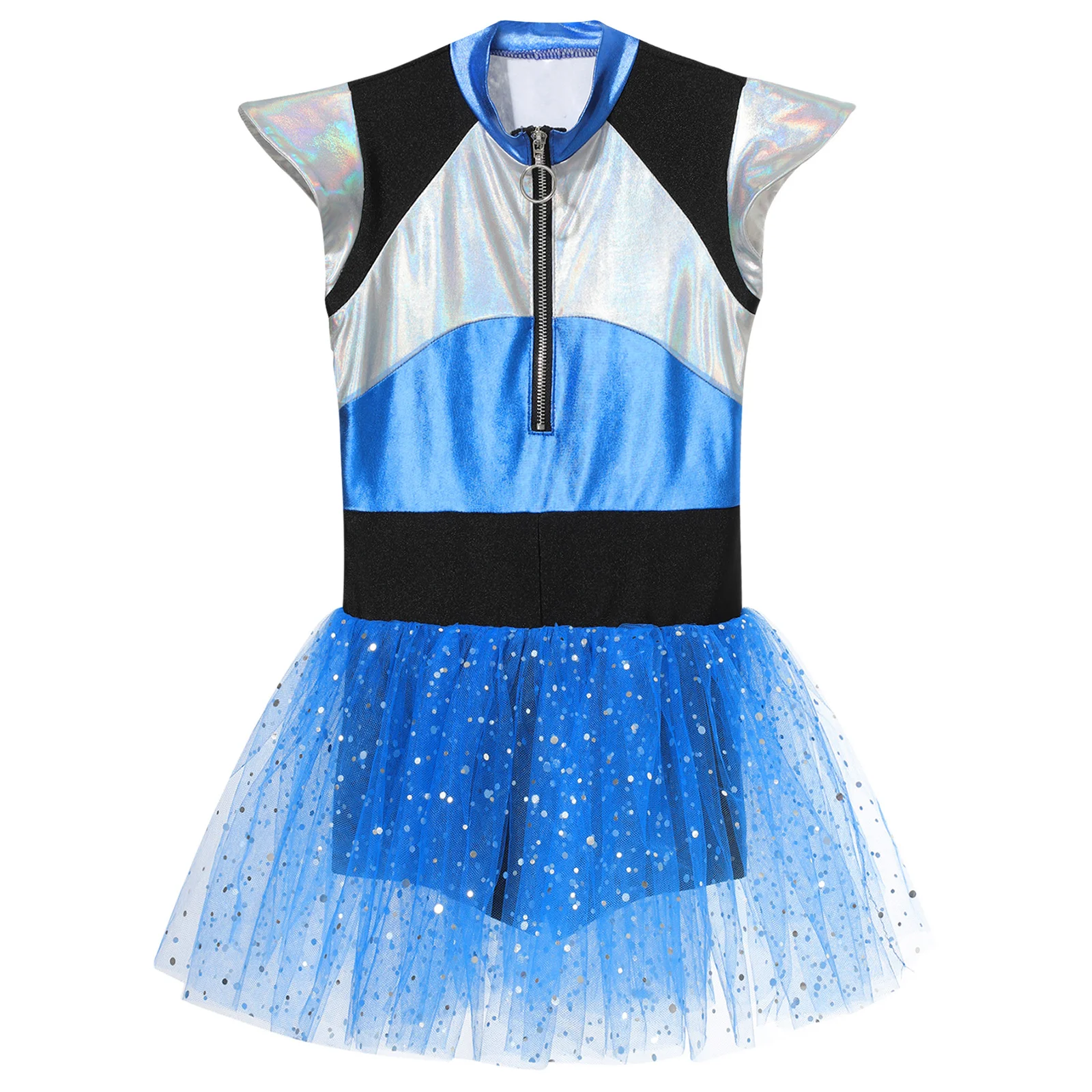 Kids Girls Alien Cosplay Costume Cheerleading Dance Dress Short Sleeve Shiny Spangles Tutu Leotard Halloween Party Dancewear