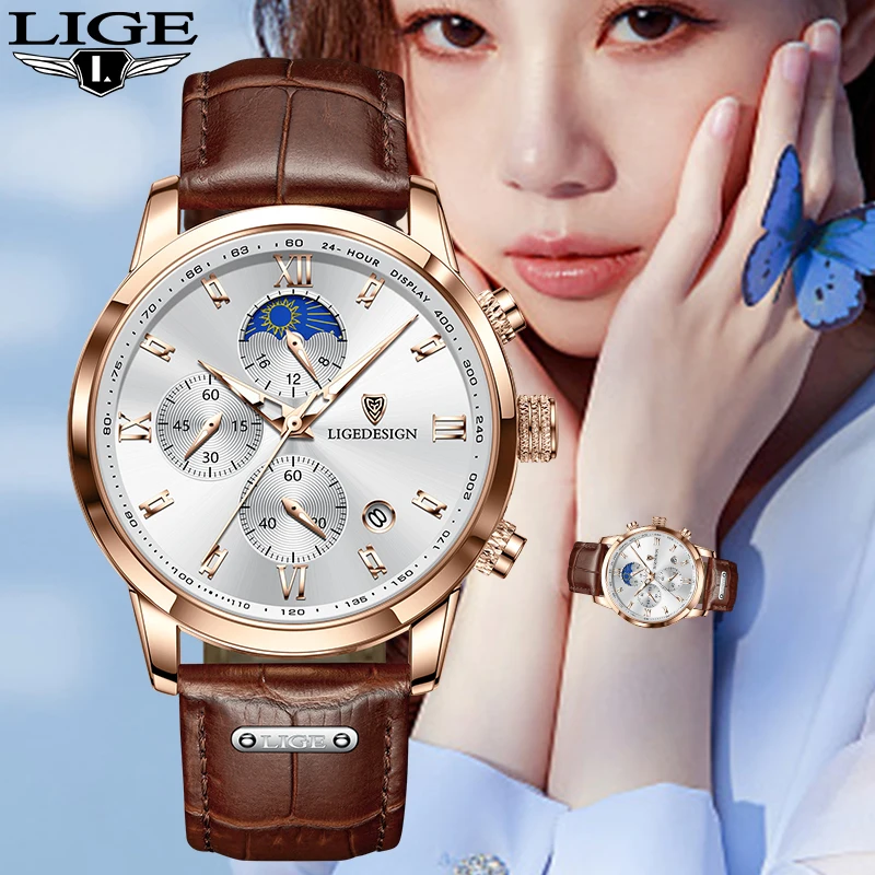 

LIGE Luxury Fashion Women Watch Leather Strap Waterproof Casual Sport Quartz Wristwatch 24 hour Moon Phase Clock Watch for Women