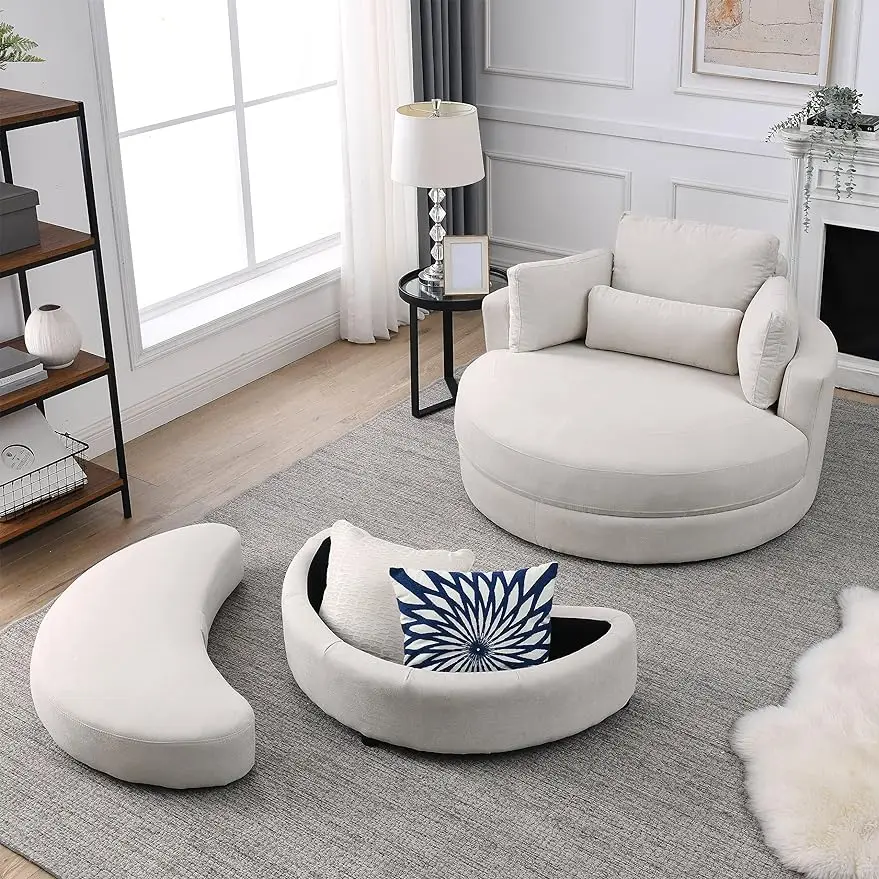 

HomSof Swivel Accent Modern Grey Sofa Lounge Club Big Round Chair with Storage Ottoman Linen Fabric for Living