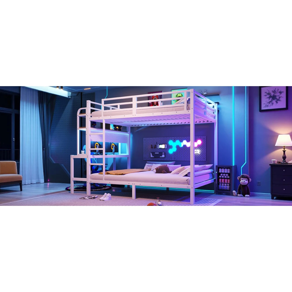 Etagenbett 140x200cm, Eisenrahmen, Stauraum, Schreibtisch mit LED-Lichtleiste, USB-Anschluss, Sicherheitsgeländer, Leiter, ohne Matratze – Detail 15