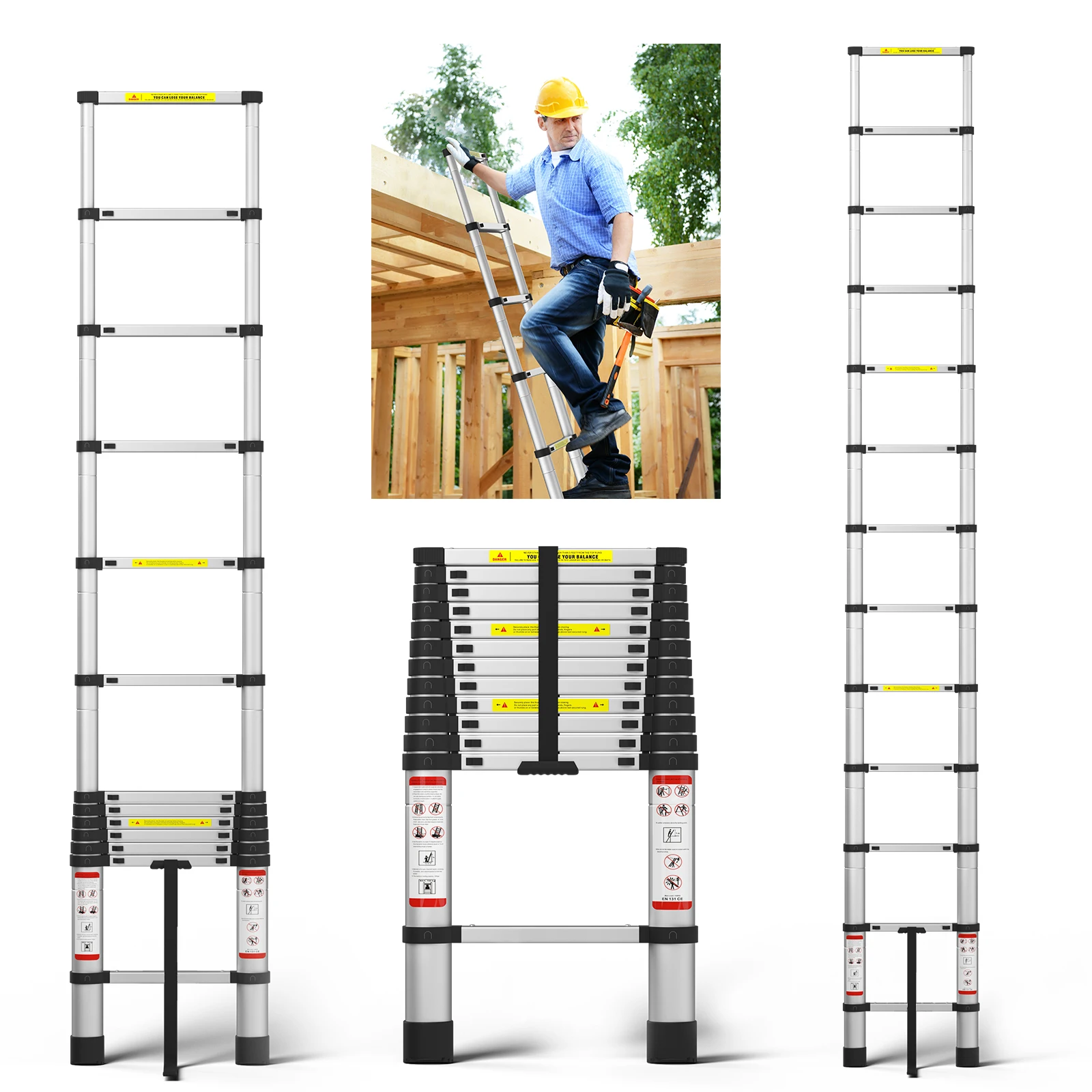 12.5Ft 3.8M Extendable Alminium Ladders Telescopic Folding Extending Portable 12 Steps Loft Extension Ladder DIY