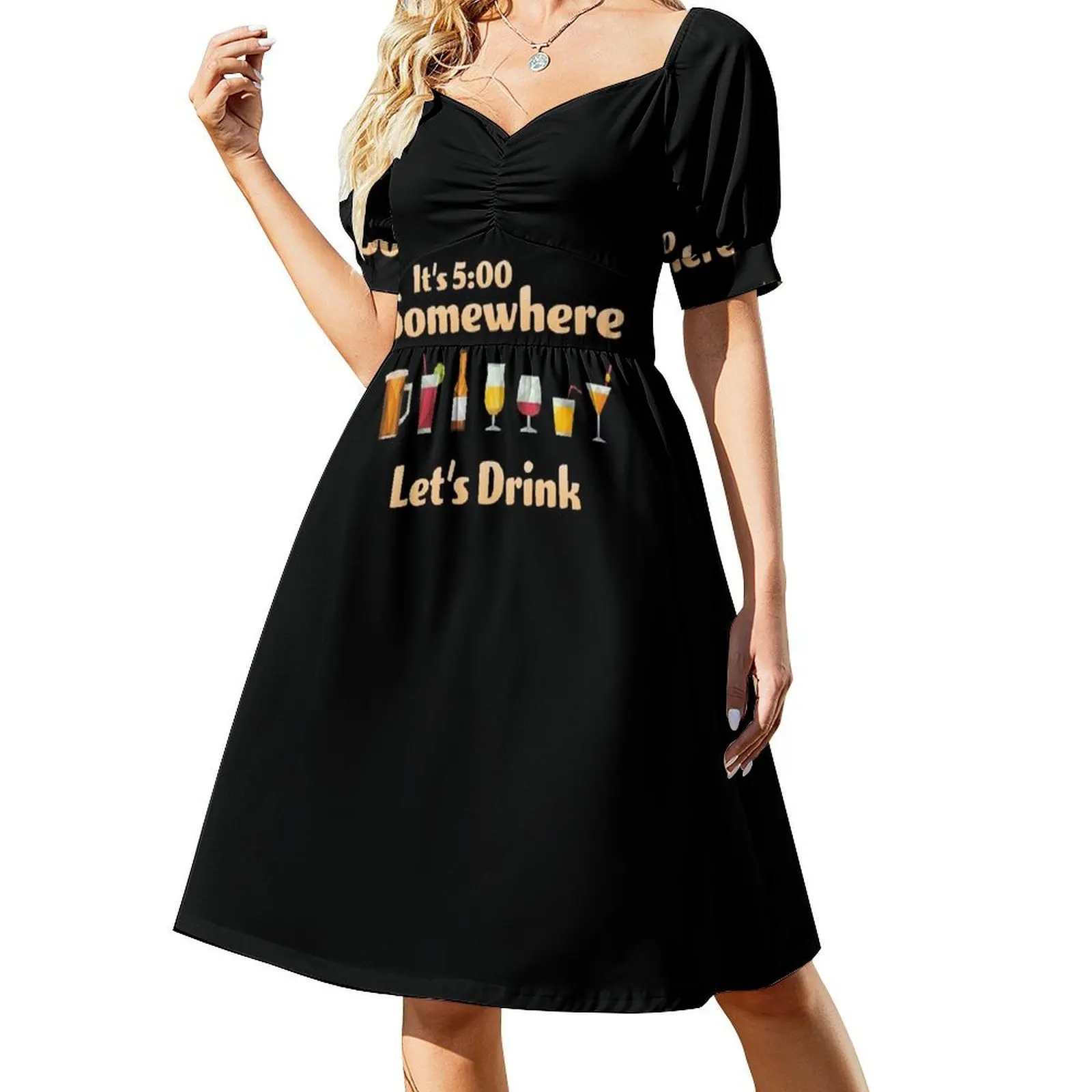 Son las 5:00 en algún lugar - Vamos a beber Vestido de manga corta Vestido femenino elegante vestido de novia de verano para mujeres coreanas