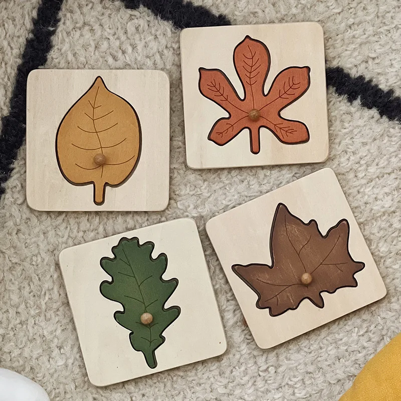 Wooden Leaf Jigsaw Shape Fun Puzzles 4pcs with Holder Pack Montessori Educational Toys Learn Sorting & Stacking for Kids 2+ 2