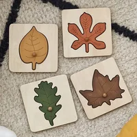 Wooden Leaf Jigsaw Shape Fun Puzzles 4pcs with Holder Pack Montessori Educational Toys Learn Sorting & Stacking for Kids 2+ 2