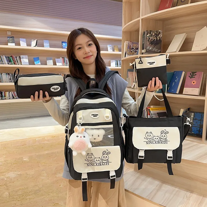 4pcs Fresh Japanese Campus Style Spacious Student Rucksack Trendy Daily Backpack For Teen Girls Middle High School 3