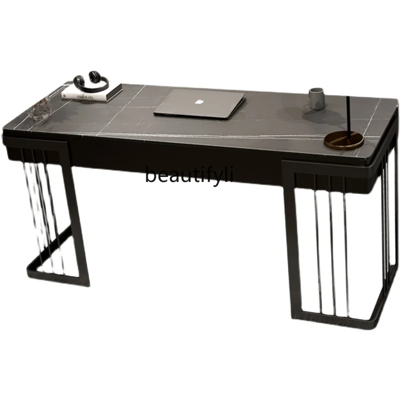 Simple Italian Desk Stone Plate Writing Desk Light Luxury Computer Desk Home Desk Minimalist Stainless Steel Nordic Black