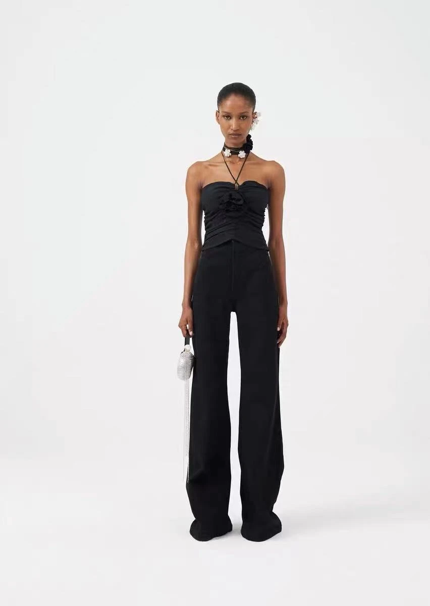 2022 Designer's New Elegant Sexy Three-Dimensional Flower Hanging Neck Vest Women Black Bandage Short Hot Girl Tops High Quality black camisole
