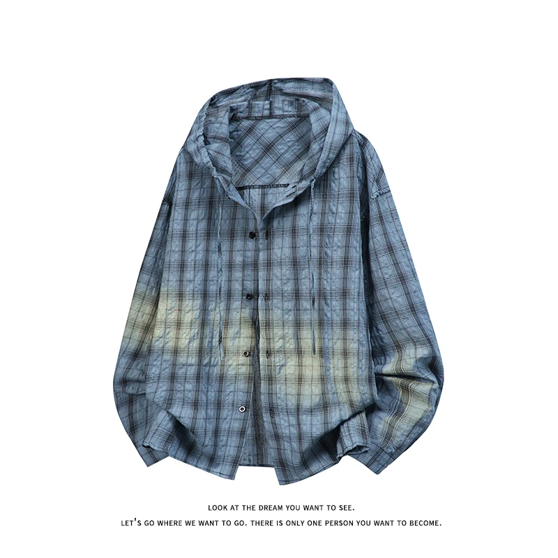 Unisex Plaid Long Sleeve Hooded Shirt Loose Sun Protection Outerwear American Retro Couple's Shirt Jacket Men's Top