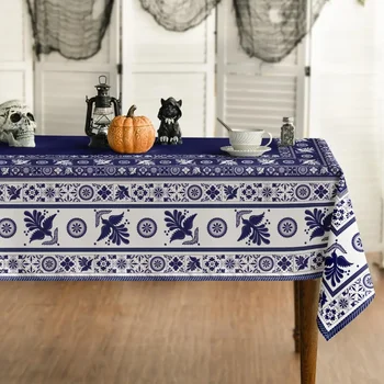 Tovaglia rettangolare con uccelli floreali messicani blu, piastrelle patchwork, impermeabile, per feste in casa, cucina, tavolo da pranzo 1