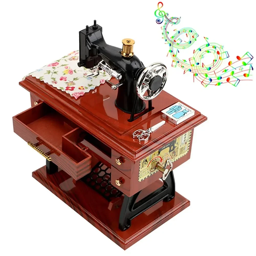 

1pc Mini Sewing Machine Style Music Box Hand Crank Vintage Music Boxes Jewelry Box Christmas New Year Birthday Gifts