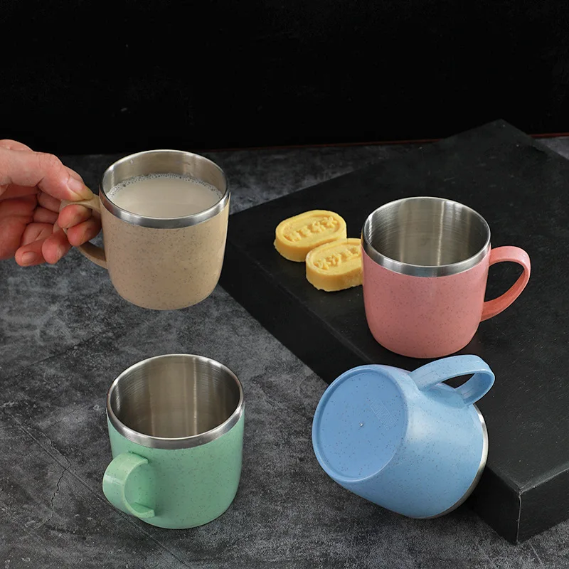Double Layer Anti-scalding Stainless Steel Cups Plastic Handle Coffee Milk Mug Tea Drinks Water Cup for Home Office Tumbler Kitchen