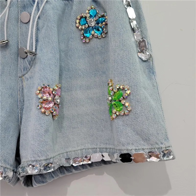 Fashion 2024 Summer New Denim Shorts Handmade Flower Rhinestone-Embedded Loose Denim Wide Leg Shorts Feminine Denim Short Pants