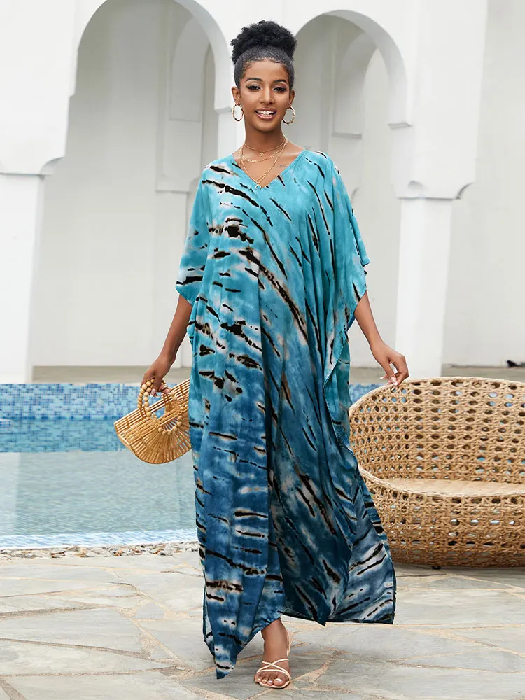 

2023 Boho Tie-dye Sexy Batwing Sleeve Maxi Dress For Women Clothing Moroccan Kaftan Beach Wear Kaftan Dresses Q1448