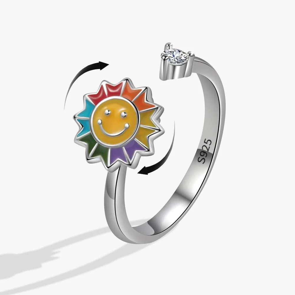JewelryWe Set Di 7 Anelli Anti-Stress Per Donne - Regolabili Con Perline Di Vetro - Girasole, Farfalla, Infinito