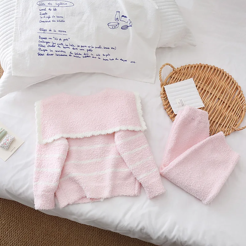 여아용 반벨벳 잠옷 가을/겨울 2025 신상 여아용 스트라이프 가디건 투피스 세트 두꺼운 아동용 홈웨어 용