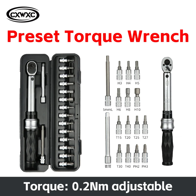 

CXWXC Bicycle Preset Torque Wrench Set Alloy 1/4" 1-25Nm Adjustable Torque Bike Repair Hand Tools Spanner Two-way Ratchet Key